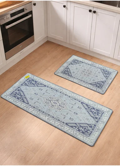 2 Pieces Traditional Medallion Design Anti-Slip Kitchen Mat Set - Off White &amp; Blue