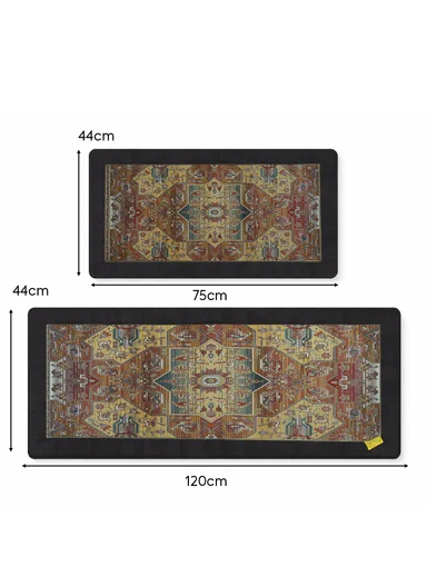 2 Pieces Traditional Geometric Tribal Design Anti-Slip Kitchen Mat Set - Multicolor