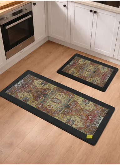 2 Pieces Traditional Geometric Tribal Design Anti-Slip Kitchen Mat Set - Multicolor
