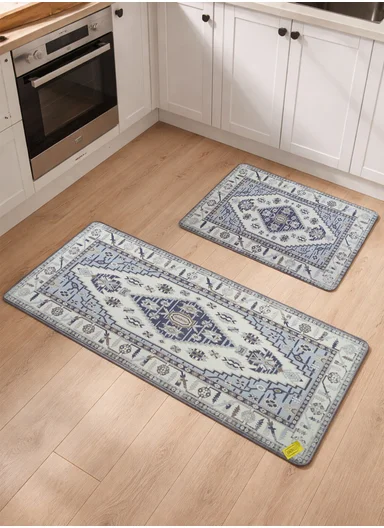 2 Pieces Traditional Geometric Design Anti-Slip Kitchen Mat Set - Off White &amp; Blue