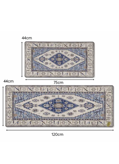 2 Pieces Traditional Geometric Design Anti-Slip Kitchen Mat Set - Off White &amp; Blue