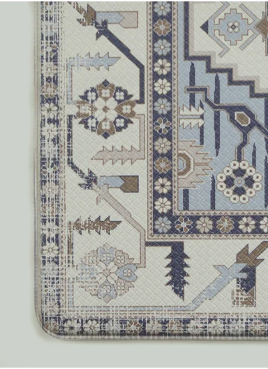 2 Pieces Traditional Geometric Design Anti-Slip Kitchen Mat Set - Off White &amp; Blue