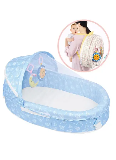 3-in-1 Portable Baby Travel Bassinet, Foldable Baby Bassinet with Bug Net &amp; Music Cartoon Toys, Multi-Purpose Baby Travel Nest with Waterproof Base 66523A (L79 x W46 x H38)cm - Blue / 0m+