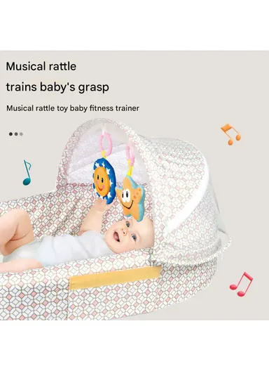 3-in-1 Portable Baby Travel Bassinet, Foldable Baby Bassinet with Bug Net &amp; Music Cartoon Toys, Multi-Purpose Baby Travel Nest with Waterproof Base 66523A (L79 x W46 x H38)cm - Blue / 0m+