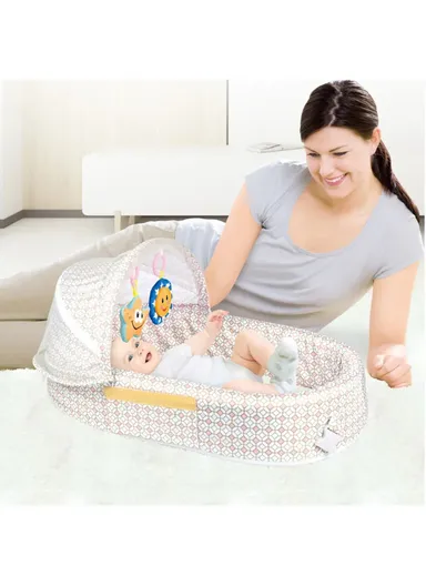 3-in-1 Portable Baby Travel Bassinet, Foldable Baby Bassinet with Bug Net &amp; Music Cartoon Toys, Multi-Purpose Baby Travel Nest with Waterproof Base 66523A (L79 x W46 x H38)cm - Blue / 0m+