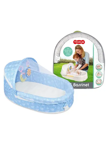 3-in-1 Portable Baby Travel Bassinet, Foldable Baby Bassinet with Bug Net &amp; Music Cartoon Toys, Multi-Purpose Baby Travel Nest with Waterproof Base 66523A (L79 x W46 x H38)cm - Blue / 0m+