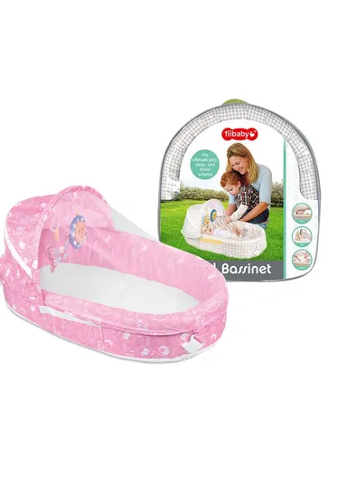 3-in-1 Portable Baby Travel Bassinet, Foldable Baby Bassinet with Bug Net &amp; Music Cartoon Toys, Multi-Purpose Baby Travel Nest with Waterproof Base 66524A (L79 x W46 x H38)cm - Pink / 0m+