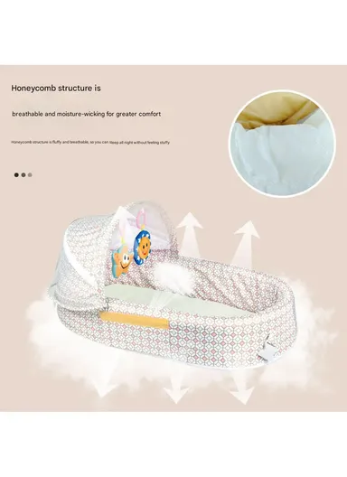 3-in-1 Portable Baby Travel Bassinet, Foldable Baby Bassinet with Bug Net &amp; Music Cartoon Toys, Multi-Purpose Baby Travel Nest with Waterproof Base 66521A (L79 x W46 x H38)cm - Off-White / 0m+