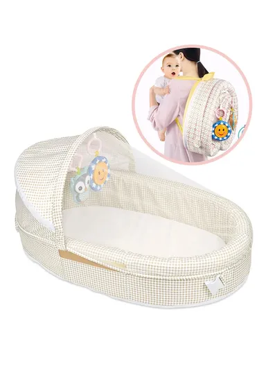 3-in-1 Portable Baby Travel Bassinet, Foldable Baby Bassinet with Bug Net &amp; Music Cartoon Toys, Multi-Purpose Baby Travel Nest with Waterproof Base 66522A (L79 x W46 x H38)cm - Beige / 0m+