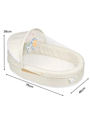 3-in-1 Portable Baby Travel Bassinet, Foldable Baby Bassinet with Bug Net &amp; Music Cartoon Toys, Multi-Purpose Baby Travel Nest with Waterproof Base 66522A (L79 x W46 x H38)cm - Beige / 0m+