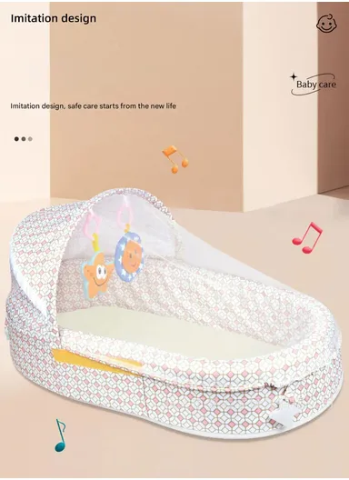 3-in-1 Portable Baby Travel Bassinet, Foldable Baby Bassinet with Bug Net &amp; Music Cartoon Toys, Multi-Purpose Baby Travel Nest with Waterproof Base 66522A (L79 x W46 x H38)cm - Beige / 0m+
