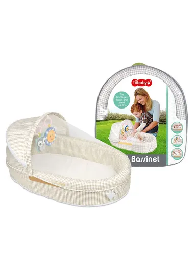 3-in-1 Portable Baby Travel Bassinet, Foldable Baby Bassinet with Bug Net &amp; Music Cartoon Toys, Multi-Purpose Baby Travel Nest with Waterproof Base 66522A (L79 x W46 x H38)cm - Beige / 0m+
