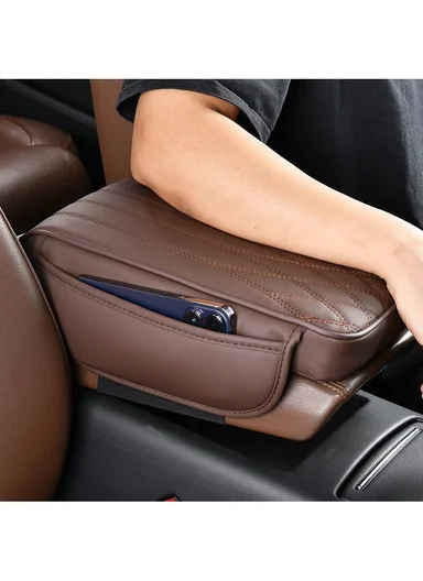 Universal Skin-Friendly Leather Car Armrest Pad with Dual Side Pockets (L31 x W21.5 x T4.5)cm - Coffee