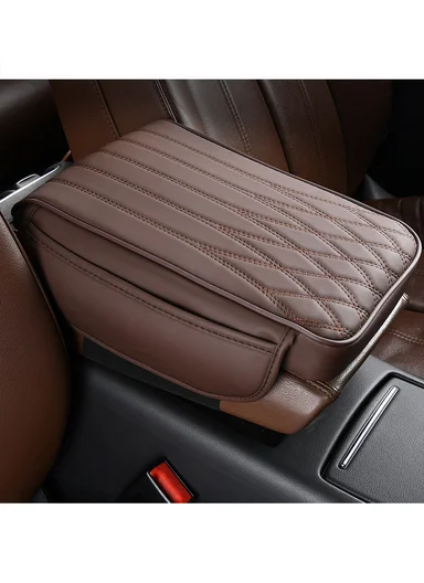 Universal Skin-Friendly Leather Car Armrest Pad with Dual Side Pockets (L31 x W21.5 x T4.5)cm - Coffee