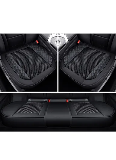 5Pcs Car Seat Cushions Set, Premium PU Leather + Cool Ice Silk Fabric, 2 Front Seat &amp; 2 Rear Seat Square Mats + 1 Center Pad YX-29 - Black
