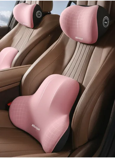 2 Pcs Set Car Headrest Neck Pillow &amp; Backrest Lumbar Support, Protective Memory Foam All-Season Automotive Accessory GF-CMJYM-TZYK - Pink