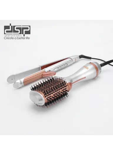 2-in-1 Hair Styling Combo Set with Hair Straightener &amp; Hot Air Dryer Brush 80200 - Silver