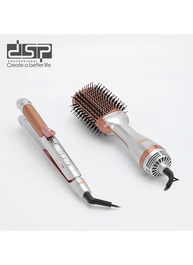 2-in-1 Hair Styling Combo Set with Hair Straightener &amp; Hot Air Dryer Brush 80200 - Silver