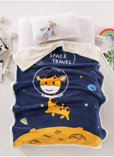 0-24 Months Double-Layer Kids Blanket With Cute Giraffe Space Design (L100 × W140)cm - Navy