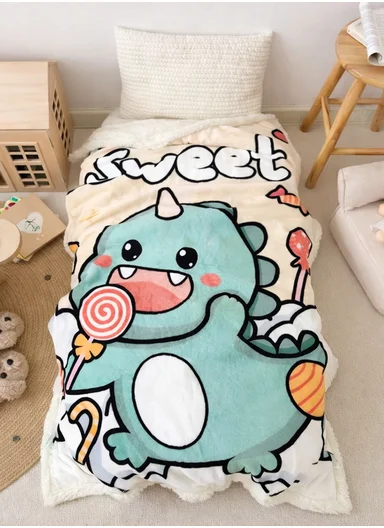 0-24 Months Double-Layer Kids Blanket With Cute Dinosaur Candy Design (L100 × W140)cm - Beige