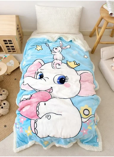 0-24 Months Double-Layer Kids Blanket With Cute Elephant Design (L100 × W140)cm - Blue