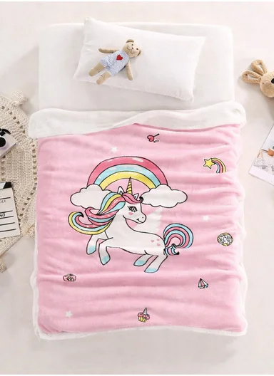 0-24 Months Double-Layer Kids Blanket With Cute Unicorn &amp; Rainbow Design (L100 × W140)cm - Pink