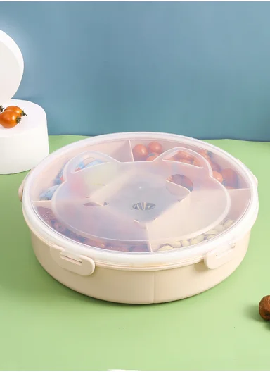 Lightweight Plastic Multi-Compartment Candy Box with Cute Cat Lid SL-2890 (D27 x H7)cm - Light Beige