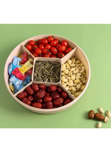 Lightweight Plastic Multi-Compartment Candy Box with Cute Cat Lid SL-2890 (D27 x H7)cm - Light Beige