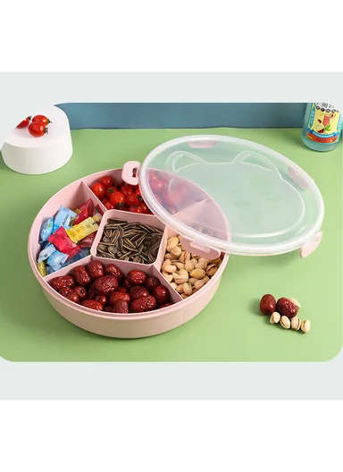 Lightweight Plastic Multi-Compartment Candy Box with Cute Cat Lid SL-2890 (D27 x H7)cm - Light Beige