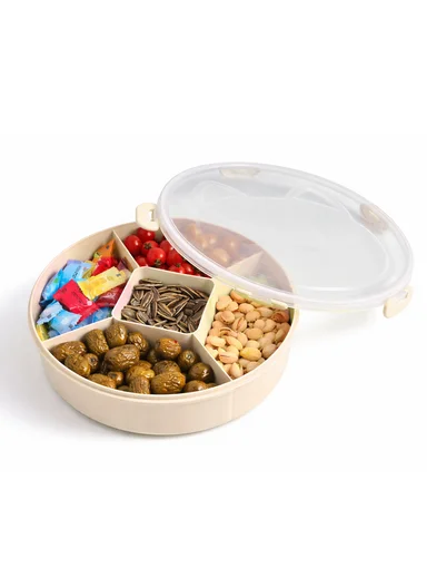 Lightweight Plastic Multi-Compartment Candy Box with Cute Cat Lid SL-2890 (D27 x H7)cm - Light Beige