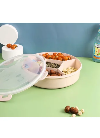 Lightweight Plastic Multi-Compartment Candy Box with Cute Cat Lid SL-2890 (D27 x H7)cm - Light Beige