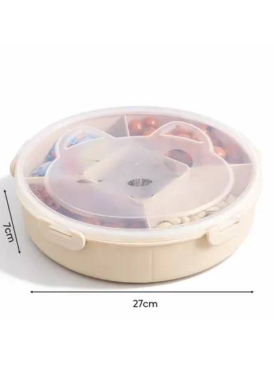Lightweight Plastic Multi-Compartment Candy Box with Cute Cat Lid SL-2890 (D27 x H7)cm - Light Beige