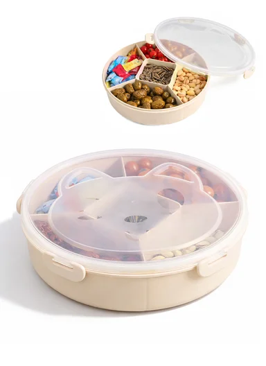 Lightweight Plastic Multi-Compartment Candy Box with Cute Cat Lid SL-2890 (D27 x H7)cm - Light Beige