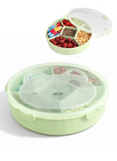 Lightweight Plastic Multi-Compartment Candy Box with Cute Cat Lid SL-2890 (D27 x H7)cm - Green
