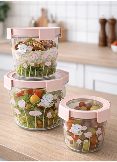 3Pcs Round Airtight Food Container Cartoon Print Set - Pink