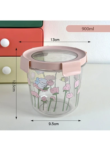 3Pcs Round Airtight Food Container Cartoon Print Set - Pink