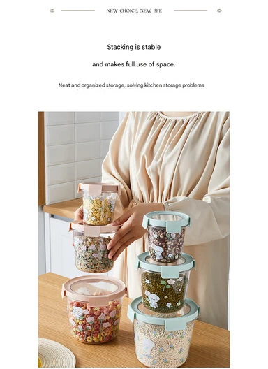 3Pcs Round Airtight Food Container Cartoon Print Set - Pink