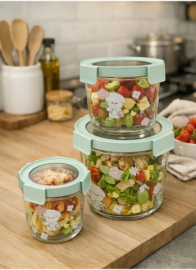 3Pcs Round Airtight Food Container Cartoon Print Set - Mint Green