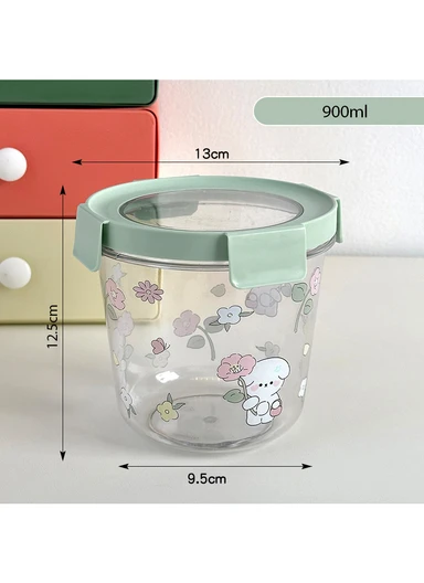 3Pcs Round Airtight Food Container Cartoon Print Set - Mint Green