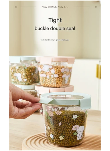 3Pcs Round Airtight Food Container Cartoon Print Set - Mint Green