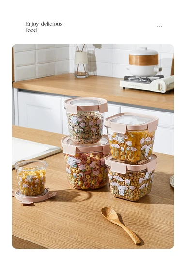 3Pcs Round Airtight Food Container Cartoon Print Set - Mint Green