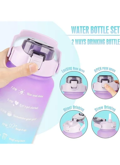 3-Pieces Time-Marked Design Water Bottle Set With Straw &amp; Handle 610-8O22-9 - Purple