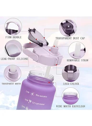 3-Pieces Time-Marked Design Water Bottle Set With Straw &amp; Handle 610-8O22-9 - Purple