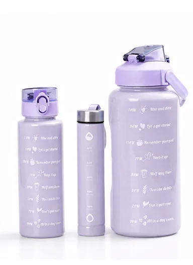 3-Pieces Time-Marked Design Water Bottle Set With Straw &amp; Handle 610-8O22-9 - Purple