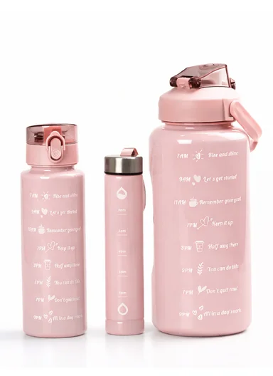 3-Pieces Time-Marked Design Water Bottle Set With Straw &amp; Handle 610-8O22-9 - Pink