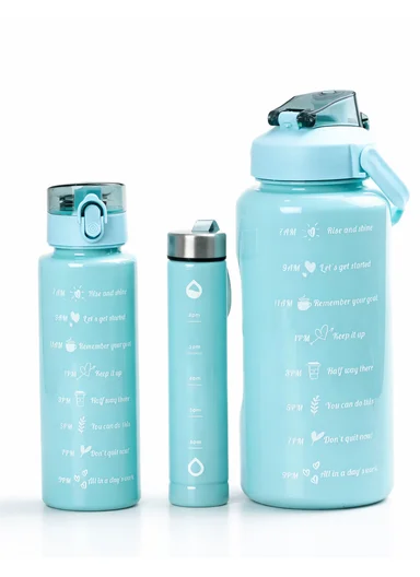 3-Pieces Time-Marked Design Water Bottle Set With Straw &amp; Handle 610-8O22-9 - Light Aqua