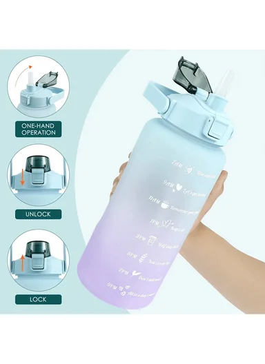 3-Pieces Time-Marked Design Water Bottle Set With Straw &amp; Handle 610-8O22-9 - Light Blue