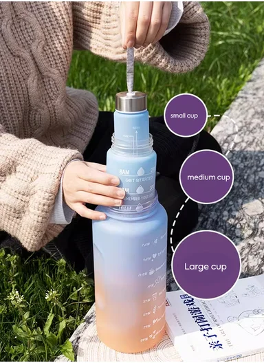 3-Pieces Time-Marked Design Water Bottle Set With Straw &amp; Handle 610-8O22-9 - Light Blue