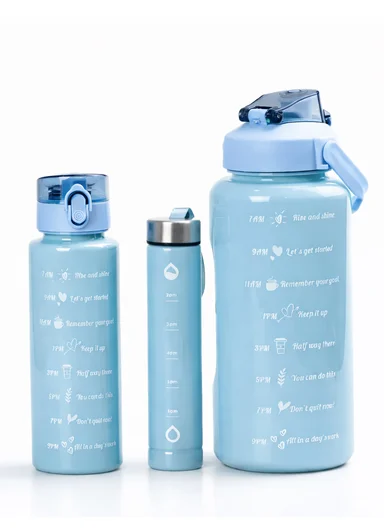 3-Pieces Time-Marked Design Water Bottle Set With Straw &amp; Handle 610-8O22-9 - Light Blue