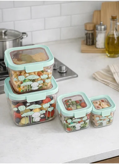 4Pcs Square Airtight Food Container Cartoon Print Set with 4-Side Locking Lids - Mint Green